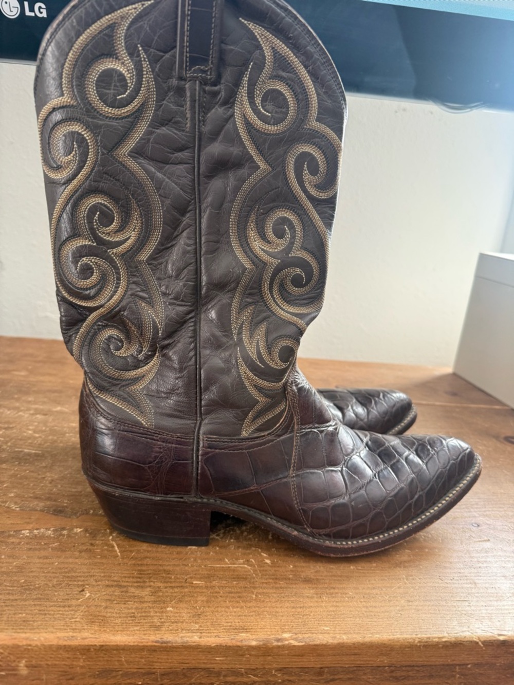 Dan Post Dark Brown Croc-Embossed Western Boots with Tan Embroidery